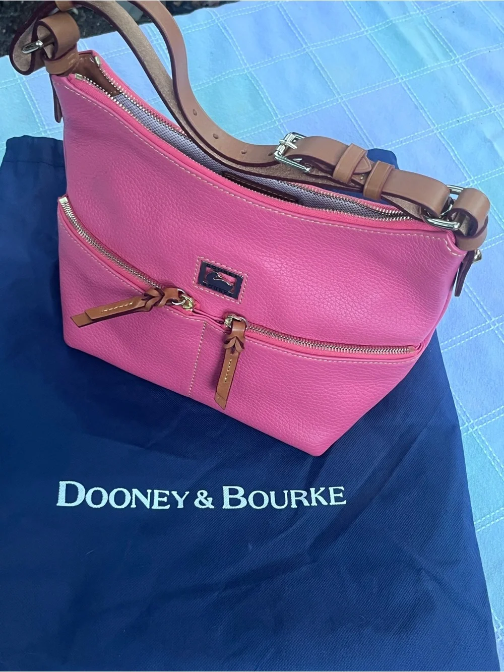 Dooney & Bourke Hot Pink Pebbled Leather Cosmetic Pouch with Tan Zipper Pulls